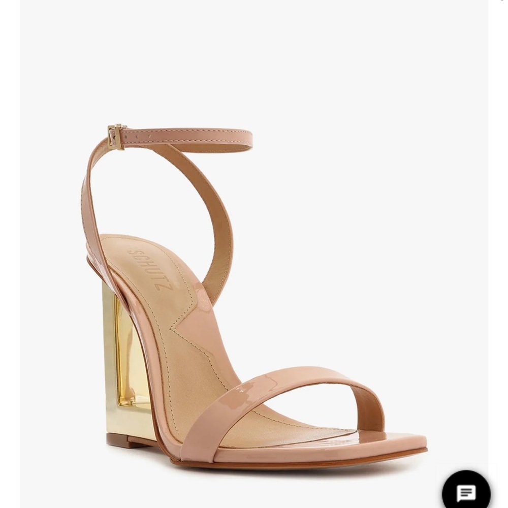 Schutz Filipa Patent Leather Strappy Sandals with Gold Heel